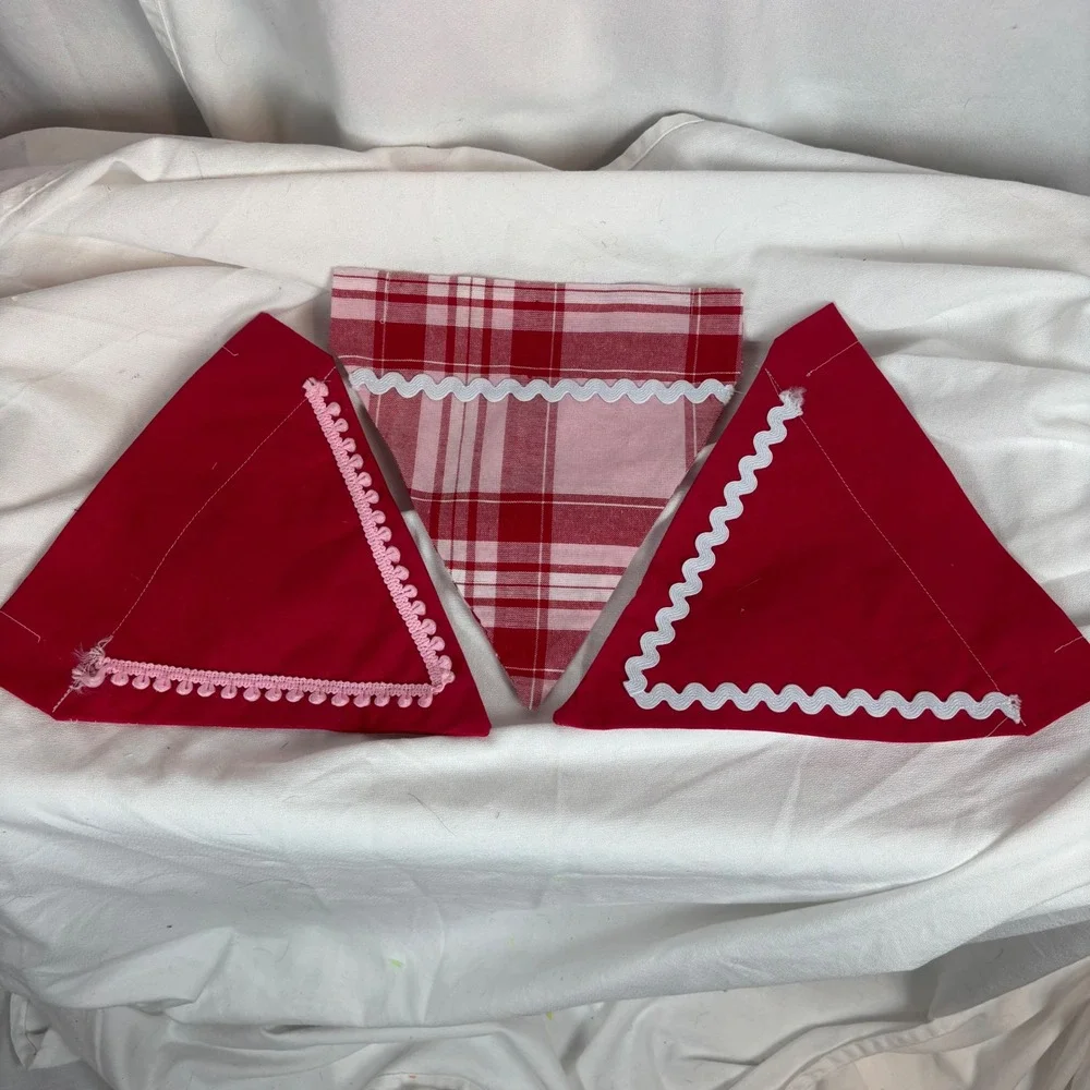 Handmade Dog Bandana Set of 3 Pink Plaid & Red Rickrack‎ Trim Sz M
